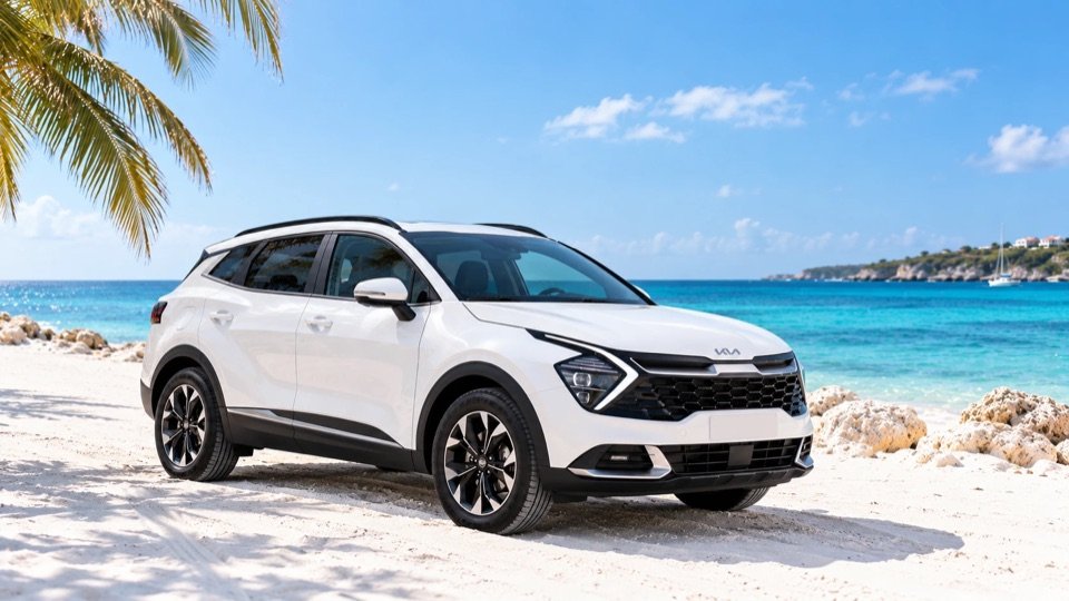 White Kia Sportage on a white-sand beach in Curaçao, with palm trees and turquoise sea
